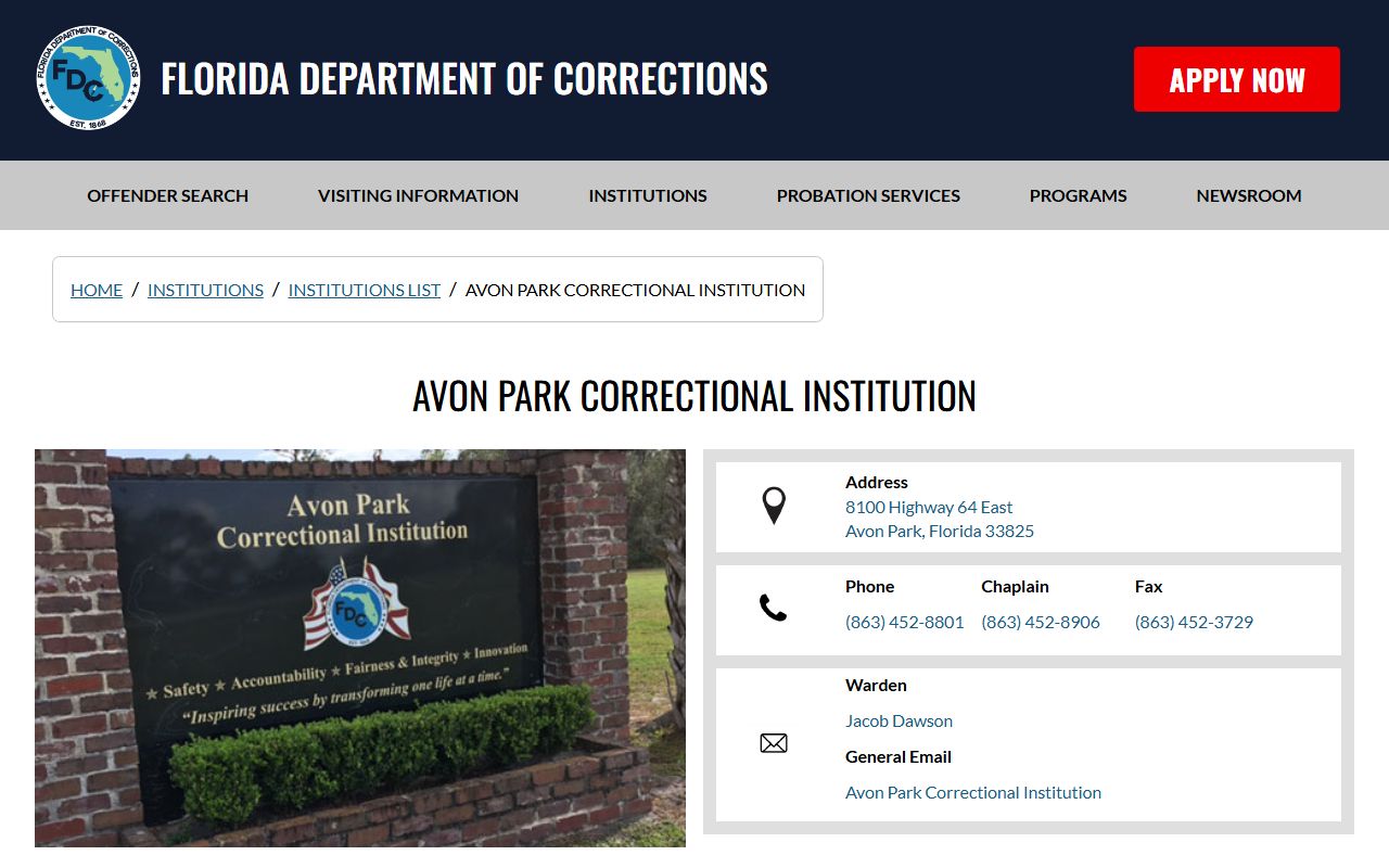 Avon Park Correctional Institution state prison facility page in Highlands County