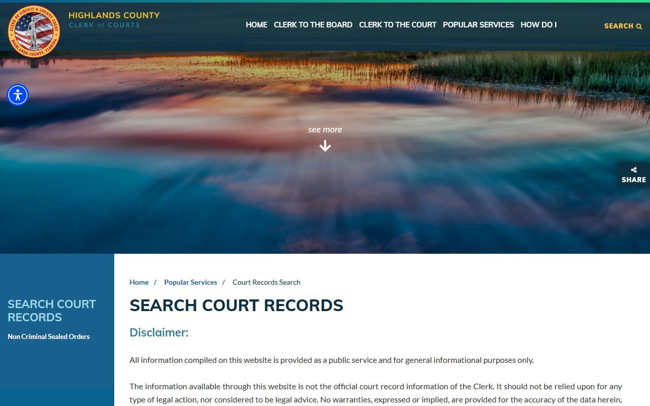 Highlands County clerk court records search page with disclaimer for case lookups after an arrest