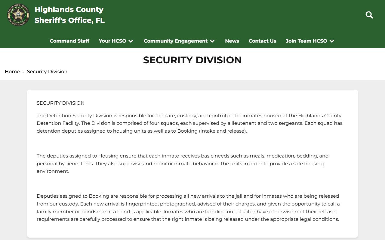 Highlands County jail Detention Security Division page describing inmate booking and intake