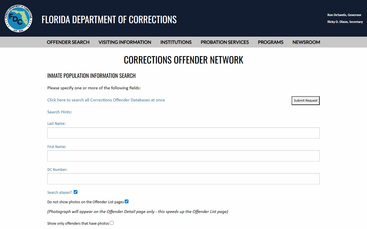 Florida Department of Corrections offender search form used to find Avon Park Correctional Institution inmates
