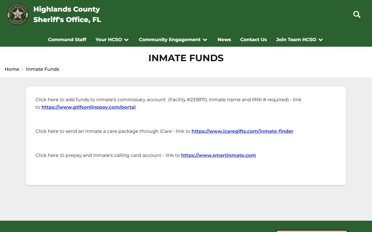 Highlands County Jail inmate funds page listing the commissary and deposit vendors