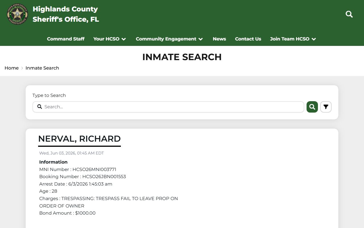 Highlands County inmate search roster page with name list and pagination