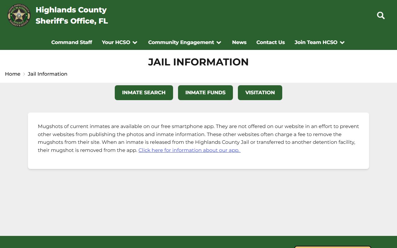 Highlands County jail information page showing inmate search and population tools