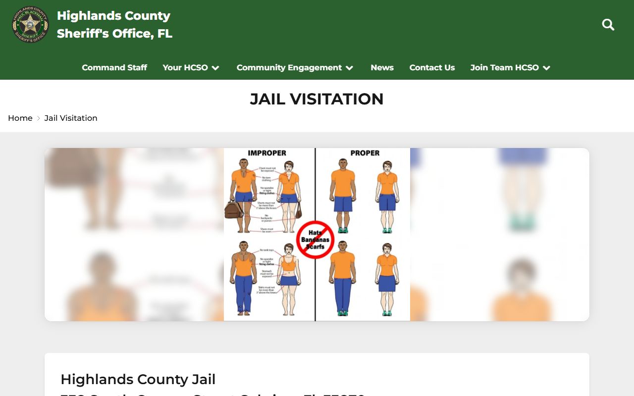 Highlands County jail visitation page with schedule and dress code rules